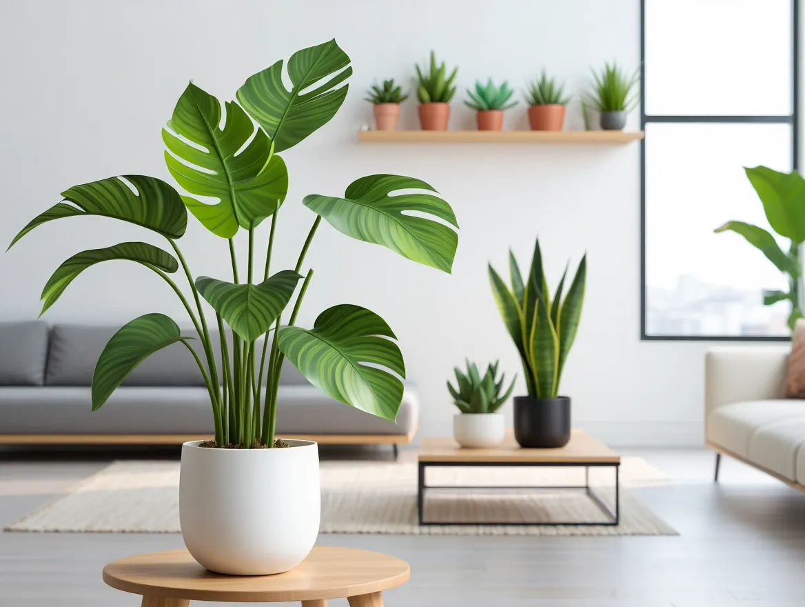 Vakre grønne innendørsplanter i moderne interiør